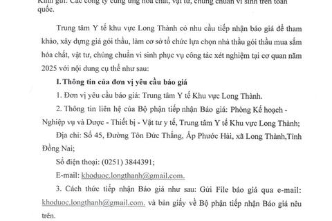 Thông báo về việc yêu cầu báo giá hoá chất, vật tư, chủng chuẩn vi sinh phục vụ công tác xét nghiệm năm 2025