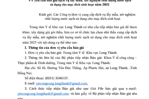 THÔNG BÁO  V/v yêu cầu báo giá dịch vụ lấy mẫu, xét nghiệm chất lượng nướ c sạch   sử dụng cho mục đích sinh hoạt năm 2025