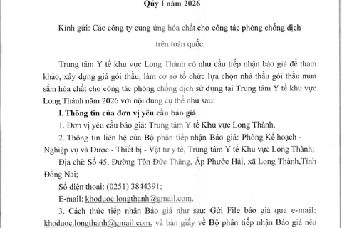 Thông báo về việc yêu cầu báo giá hoá chất cho công tác phòng chống dịch Quý I năm 2026
