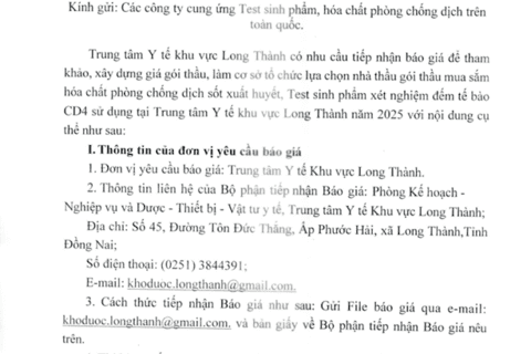 Thông báo về việc yêu cầu báo giá hóa chất phòng chống dịch sốt xuất huyết, Test sinh phẩm dếm tế bào CD4 năm 2025